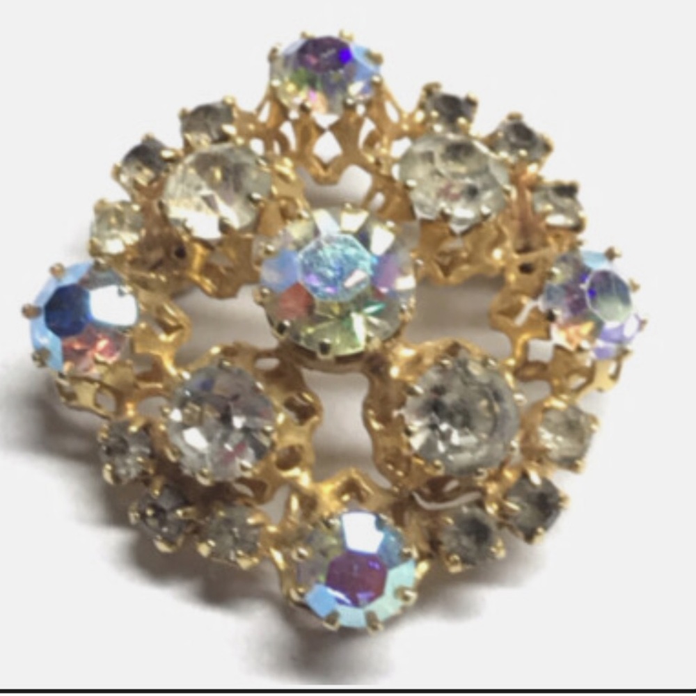Vintage Aurora Borealis Prong Gold Tone Brooch - Picture 2 of 5